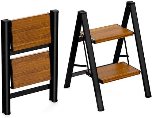 HBTower Step Ladder,Lightweight Aluminum Folding Step Stool with Anti-Slip Wide Pedal,330lbs Capacity Step Ladder for Household,Kitchen,Office - BlackWoodgrain