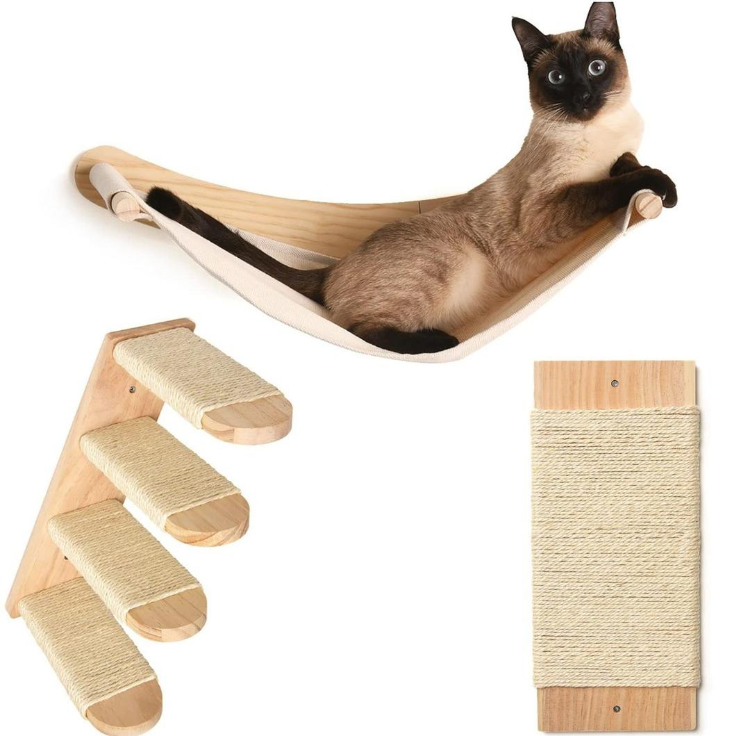 Chasing Tails Cat Wall Shelves - Four Step Cat Shelf with Scratch Board, Mounted Cat Shelves, Sturdy Cat Wall Furniture for Indoor Cats, Kittens - Extra Cat Wall Hammock Cover Included