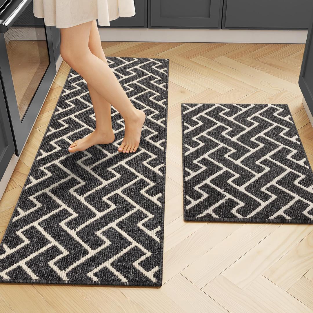 Kitchen Rugs Sets of 2-Colorful Non Slip Kitchen Mats for Floor-Thick,Moroccan Style Kitchen Decor Floor Mat Runner Carpet for Hallways Entryway Laundry Washable(20"x32"+20"x48",Black)