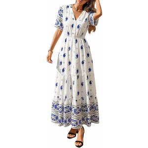 PRETTYGARDEN Womens Summer Boho Maxi Dress 2026 Trendy Short Sleeve V Neck Flowy Beach Floral Dresses with Pockets (Large, White Blue Flower)