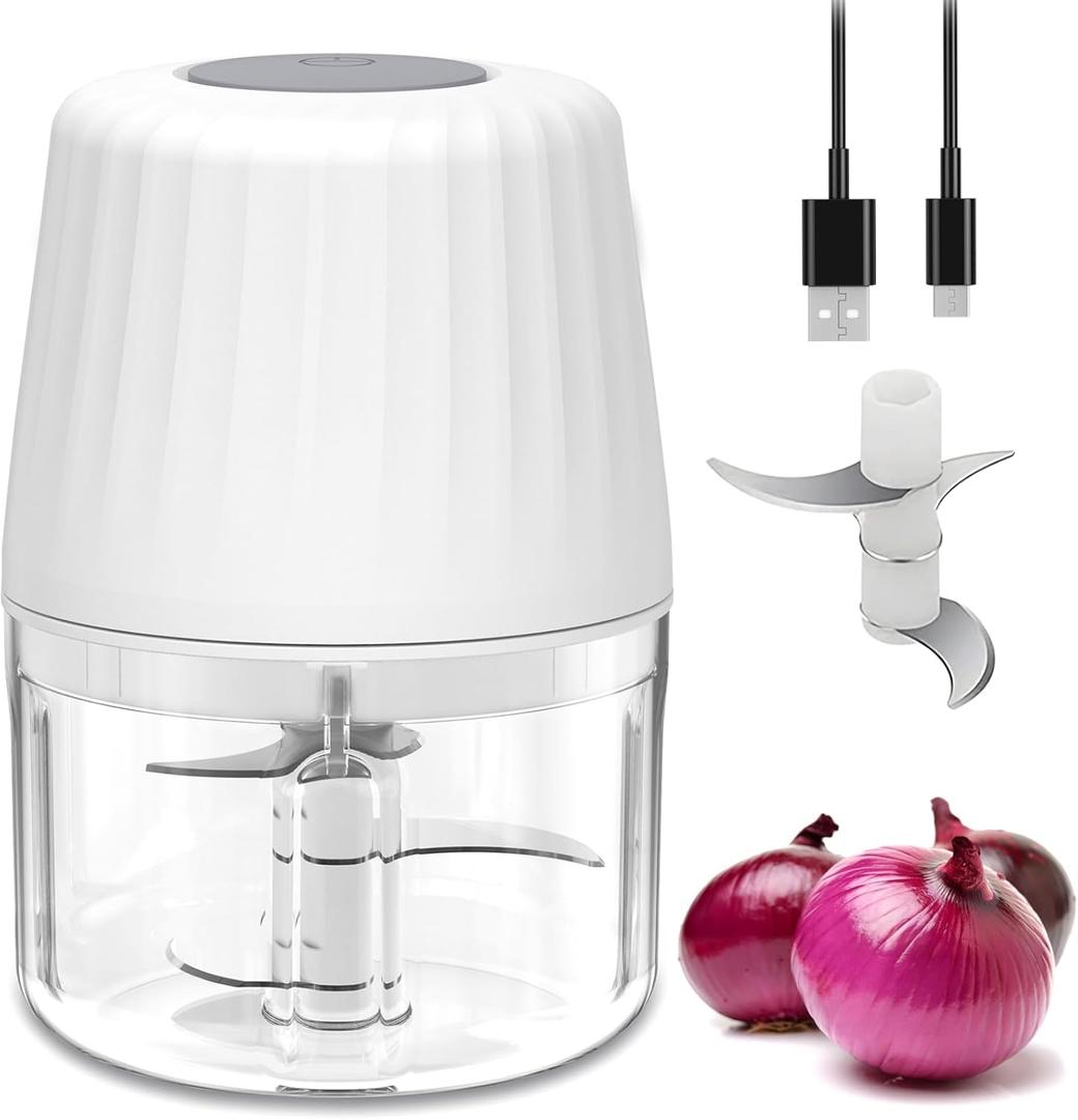 Mini Garlic Chopper, 250ml Small Food Processor Cordless 1 Cup, Battery USB-C Rechargeable Electric Food Chopper Wireless, Portable Garlic Grinder Masher,Veggie Meat Blender Mincer Kitchen Mixer,White