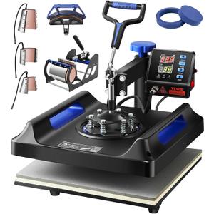 VEVOR 8 in 1 Heat Press Machine 15x15 Inch, 360 Swing Away Shirt Press Machine - Digital Professional Heat Transfer Tshirt Press Machine, Sublimation Heat Press for T Shirts Hat Cap Mug Plate Blue