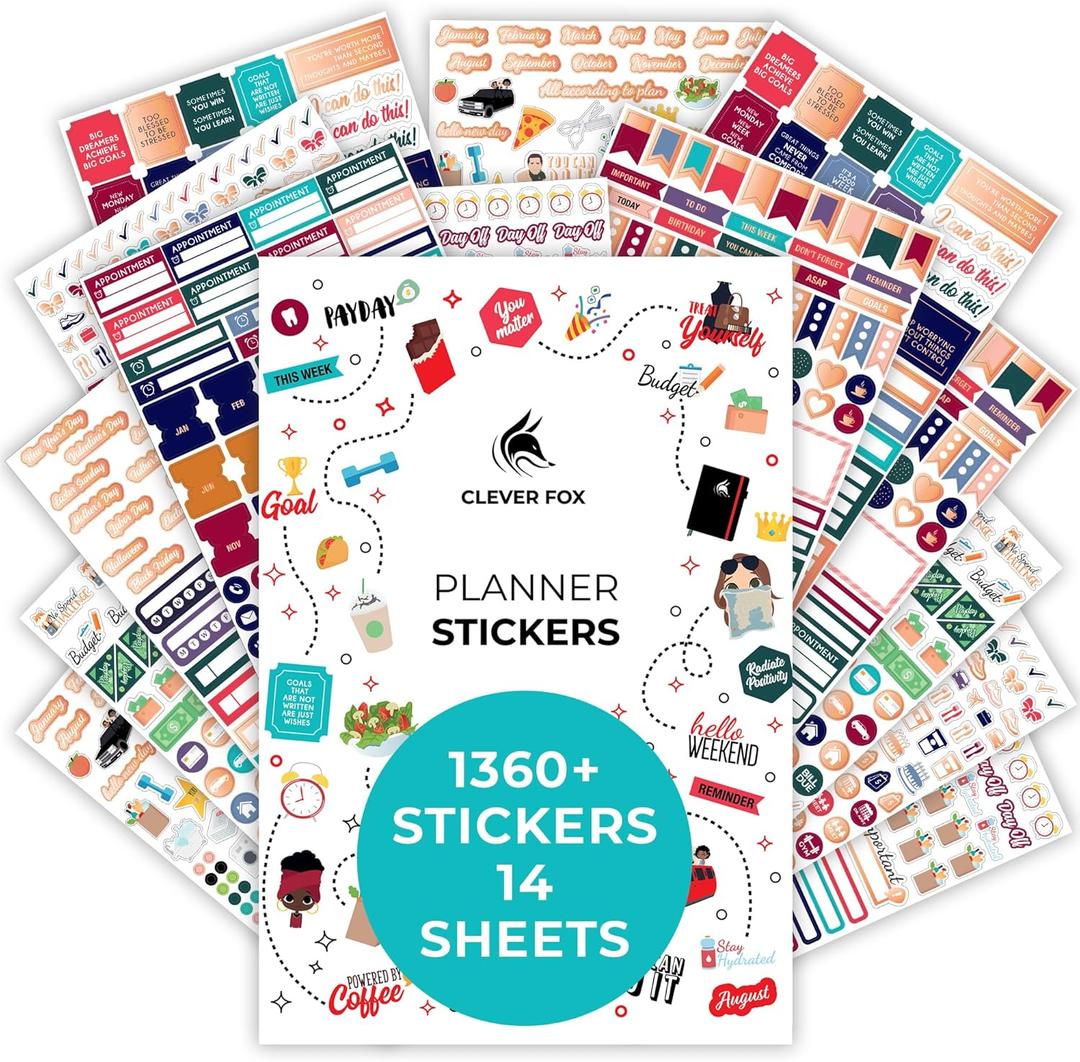 Clever Fox Planner Stickers  Monthly, Weekly & Daily Unique Planner Stickers 14 Sheets Set of 1360+ (Value Pack)