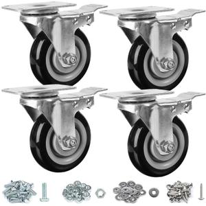 Finnhomy 4 Caster Wheels Set of 4 with Brake Heavy Duty Plate Swivel Casters Premium Polyurethane PU Wheels Load Bearing 2,600 Lbs Lockable Anti-wear Smooth Casters for Workbench Black (Free Screws)