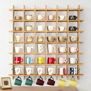 Oversize Coffee Mug Display Rack, 41 x 41 Inch,Holds 48 Cups | Solid pine wall-mounted mug rack with torched finish, 36 cubbies, 6 top spaces and 6 hooks for organized 48-cup display