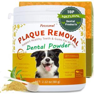 Natural Dog Dental & Supplement Powder, Plaque & Tartar Control with Glucosamine, Omega-3, Probiotics & Vitamin E for Joint, Beef Liver Flavour, Digestion & Fresh Breath (2.12 Ounce (Pack of 1))