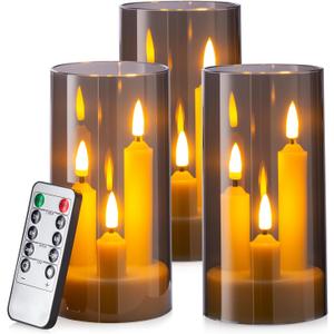 Hausware 3-in-1 Flameless LED Taper Candles with Remote  Battery Operated, Realistic & Portable Candles Set,3-Pack,Durable Indoor/Outdoor Decor (Gray)