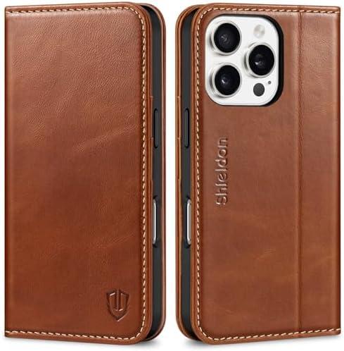 SHIELDON Wallet Case for iPhone 16 Pro 6.3" 2024, Genuine Leather Folio Magnetic Closure RFID Blocking Card Holder Kickstand Full Protection Phone Case Compatible with iPhone 16 Pro - Retro Brown