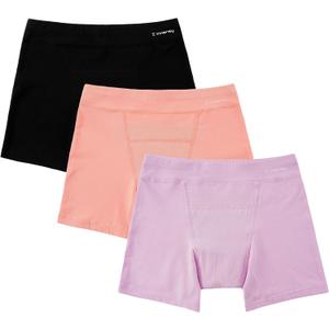 INNERSY Girls Period Underwear Cotton Boyshorts for Teen Aged 8-16 Panties 3 Pack (12-14 Years, Black/Shrimp Pink/Purple)