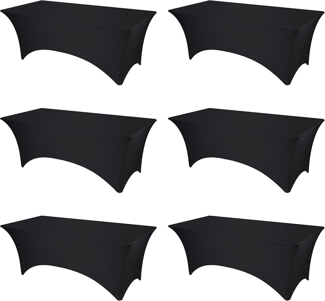 BRILLMAX 6 Pack Black Fitted Spandex Table Covers - 8ft Stretch Tablecloths for 8 Foot Rectangle Folding Cloths Rectangular Bulk Linen Fabric Elastic for Wedding Reception Banquet Birthday Party