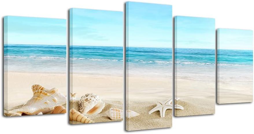 Pyradecor Seashell 5 panels Seascape Canvas Prints Landscape Pictures Paintings Modern Stretched Canvas Wall Art Sea Beach Pictures Artwork for Home Decor, 10x16"x2pcs, 10x20"x2pcs, 10x24"x1pc