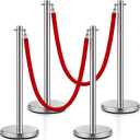 Ferraycle 4 Pcs 5 ft Velvet Ropes and Posts Red Velvet Rope Stanchion Post Crowd Control Barriers Silver Stanchions Red Carpet Poles Crowd Control Barriers Hollow Base for Party Ceremony Supplies