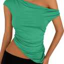 PRETTYGARDEN Womens 2025 Summer Off The Shoulder Crop Tops Sleeveless One Shoulder Ruched Asymmetrical Y2K Going Out Tank Top (S)