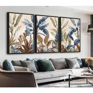Large Framed Botanical Wall Art - Tropical Leaf Wall Decor 24"x36" Set of 3 Beige Boho Art Prints Minimalist Palm Painting Rustic Plant Canvas Pictures for Living Room Bedroom Office Artwork
