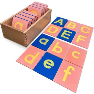 Montessori Sandpaper Letters | Lowercase and Uppercase | PP Wood Tiles | Vowel Consonant Color Coded | Includes Storage Box
