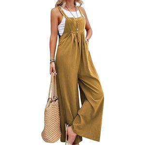 loveimgs Women's Summer Sleeveless Straps Bib Overalls Wide Leg Jumpsuits Long Pants Rompers with Pockets, Brown Medium