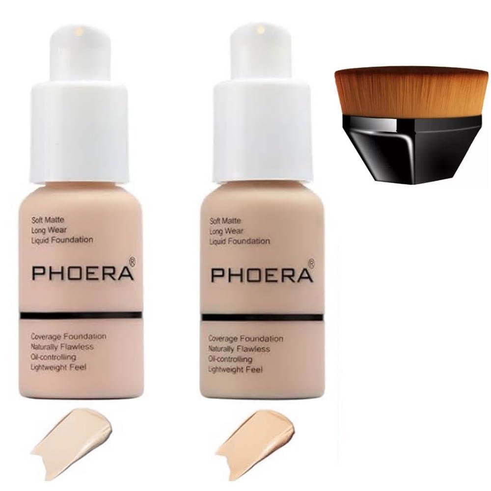 2 Pcs Liquid Foundation 101 and 102 with Kabuki Foundation Brush Flat Top,Full Coverage Foundation Makeup Set,30ml 24HR Matte Oil Control Concealer(Porcelain & Nude) (0.01 Ounce (Pack of 6))