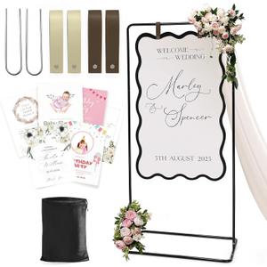 Wedding Welcome Sign Stand, Welcome to our Wedding Sign Holder, Black Easel Stand for Sign Poster With Design Bundle & Ground Stakes & Leather Sign Hanging Straps, Linen Sign Stand for Wedding Decor
