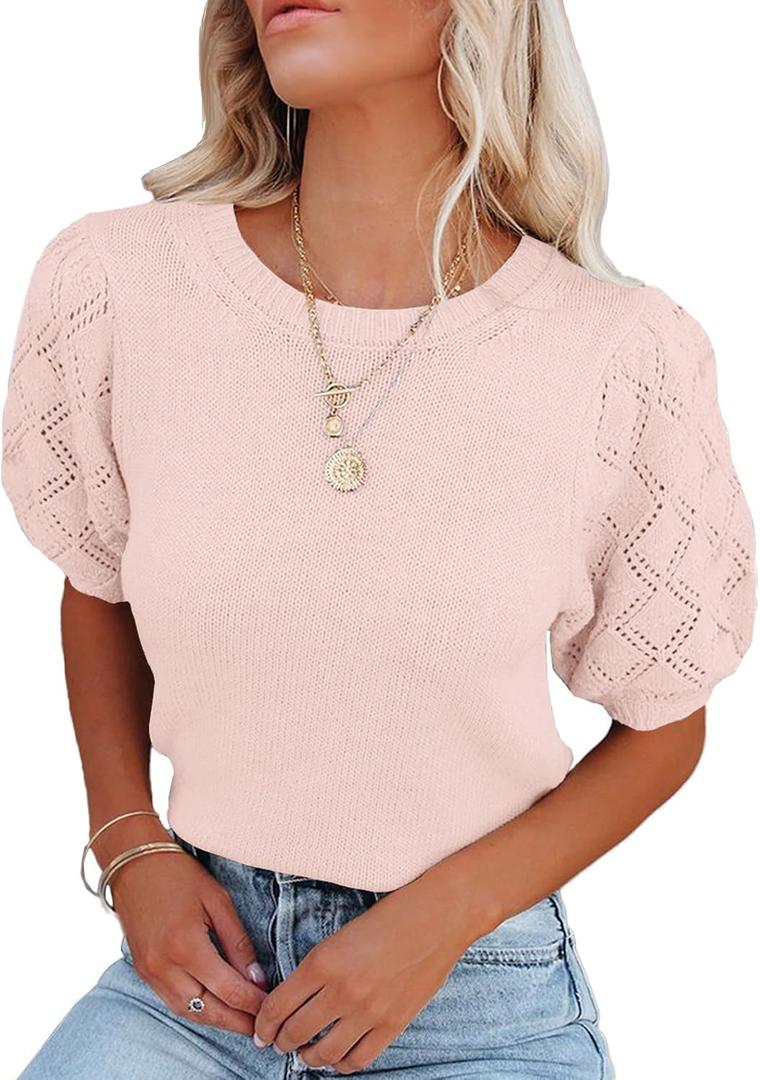 Womens Short Sleeve Sweaters Crewneck Knit Pullover Tops 2025 Summer Casual Lightweight Crochet Blouse Shirt S