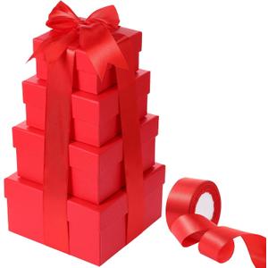 Clabby 4 Pcs Nesting Gift Boxes with Lids, Square Stacking, Assorted Sizes Decorative Boxes with Ribbon for Presents for Birthdays Christmas Mother's Day DIY(Simple,Red)
