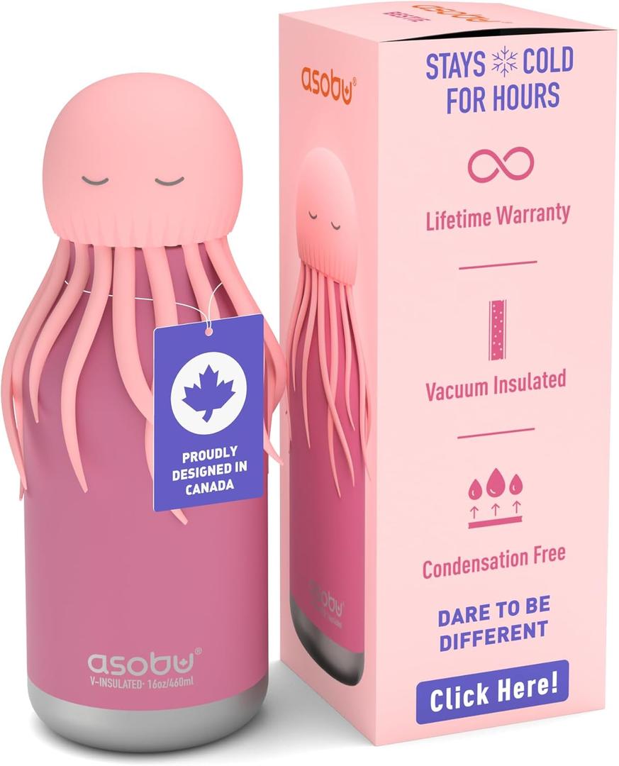 asobu Bestie Bottle Insulated Stainless Steel Water Bottle with Detachable Soft Animal Head Fun Drinking For Kids and Teens with Flexible Reusable Straw 16 Ounce (Jellyfish Pink) (Jellyfish Pink Bottle)