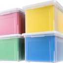 IRIS USA File Box, Plastic File Organizer with Lids for Letter/Legal File, Portable Document Box For Moving, Storage Bin with Durable and Secure Lid, Stackable Nestable BPA-Free, Clear 35 Qt. 4 Pack