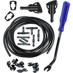Windshield Washer Nozzles Kit Replacement for Chrysler Dodge Ram, Windshield Washer Nozzle Hose Kit with 157-Inch Windshield Fluid Hose, 2 Sprayer Nozzels with Gaskets, 6 Hose Connector BLue