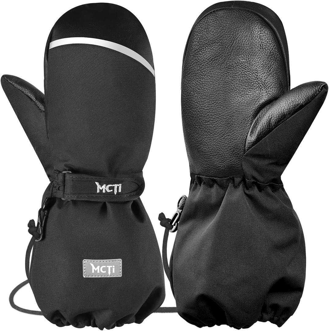 MCTi Kids Mittens Waterproof Winter Ski Warm Sherpa Lined Long Cuff with String (X-Small, Black)
