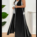 Emery Rose Plus Size Color Black Bow Decor Long Vest Jacket+Black Pants, XL
