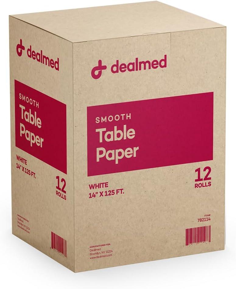 Dealmed Medical Exam Table Paper Roll | Disposable Covers for Doctors, Physicians, Diaper Changing, Waxing, Chiropractor, Tracing, Drawing, Coloring | Smooth, White, 14" x 125', 12 Rolls/Case