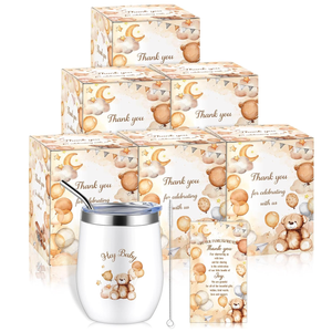 Hoolerry 6 Set Baby Shower Game Prizes for Guests Winners 12 oz Insulated Stainless Steel Tumbler Cup with Lids, Straws, Cleaning Brush, Cards & Boxes Return Gifts(Brown,Brown Bear)