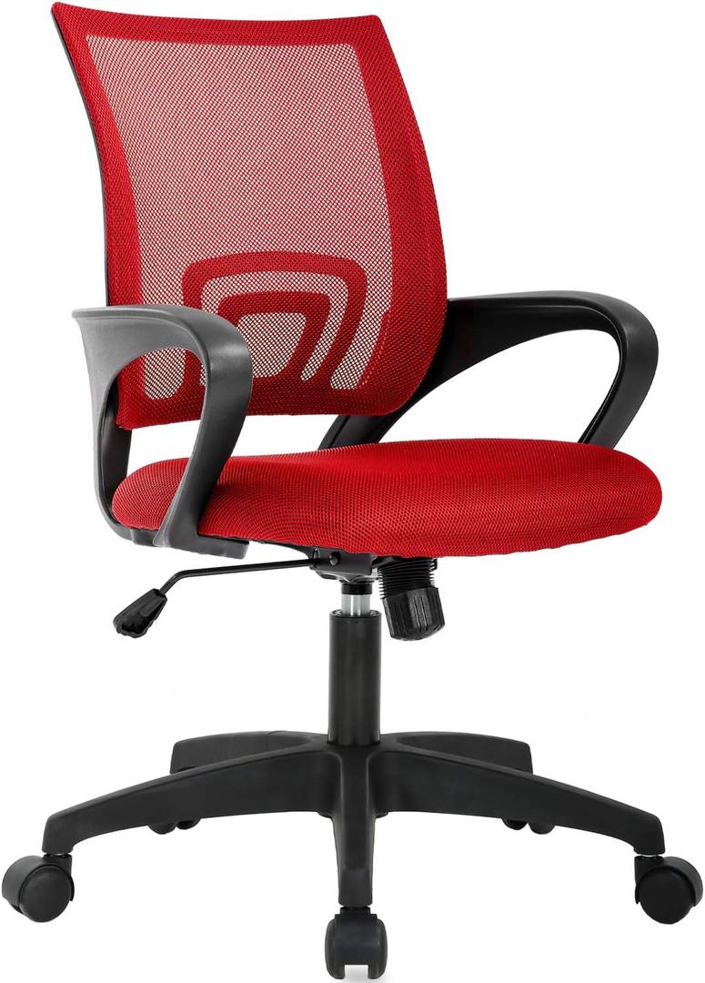 BestOffice | Ergonomic Office Chair | Mid-Back Swivel Desk Chair | Breathable Backrest & Lumbar Support | Adjustable Height | Sponge Seat | Rolling Wheels | Red | for Adults & Women