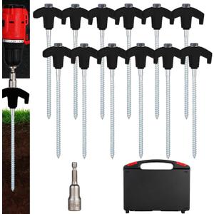 12 Pack Screw in Tent Stakes Heavy Duty,8 Ground Anchors Screw in,Metal Stakes with Hex Head Driver and Sturdy Storage Box. (12, Black)