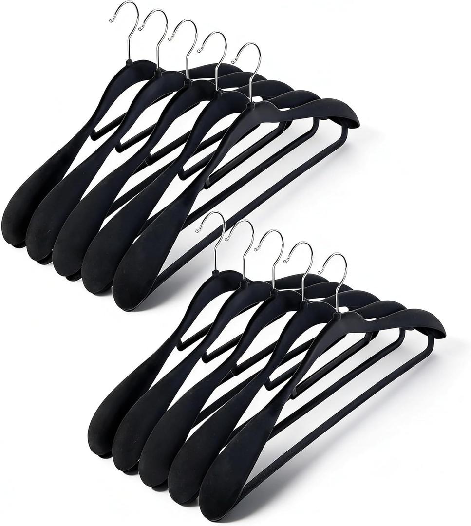12 Pack Velvet Hangers, Wide Shoulder Heavy Duty Suit Hangers for Men, Non-Slip 360 Metal Swivel Hooks Space-Saving Clothes Hangers for Coat, Pants, Shirts, Skirts, Ties(Black)