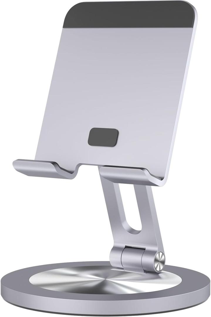 Phone Stand for Desk, 360 Rotating Dual Adjustable Foldable Holder, Heavy Solid All-Aluminum Base Anti-Slip Stable Support for Home Office Study, Fits iPhone Galaxy 4-8" Phones (Grey)