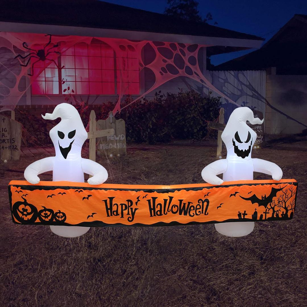 8 Foot Long Lighted Halloween Inflatable White Ghosts with Orange Banner LED Lights Decor Outdoor Indoor Holiday Decorations, Blow up Lighted Yard Decor, Giant Lawn Inflatables Home Family Outside