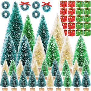 Iceyyyy 56 Pcs Artificial Mini Christmas Trees Set - Miniature Sisal Frosted Christmas Trees Bottle Brush Trees for DIY Crafts Home Table Top Decor (Blue Green&light Green&yellow Green)