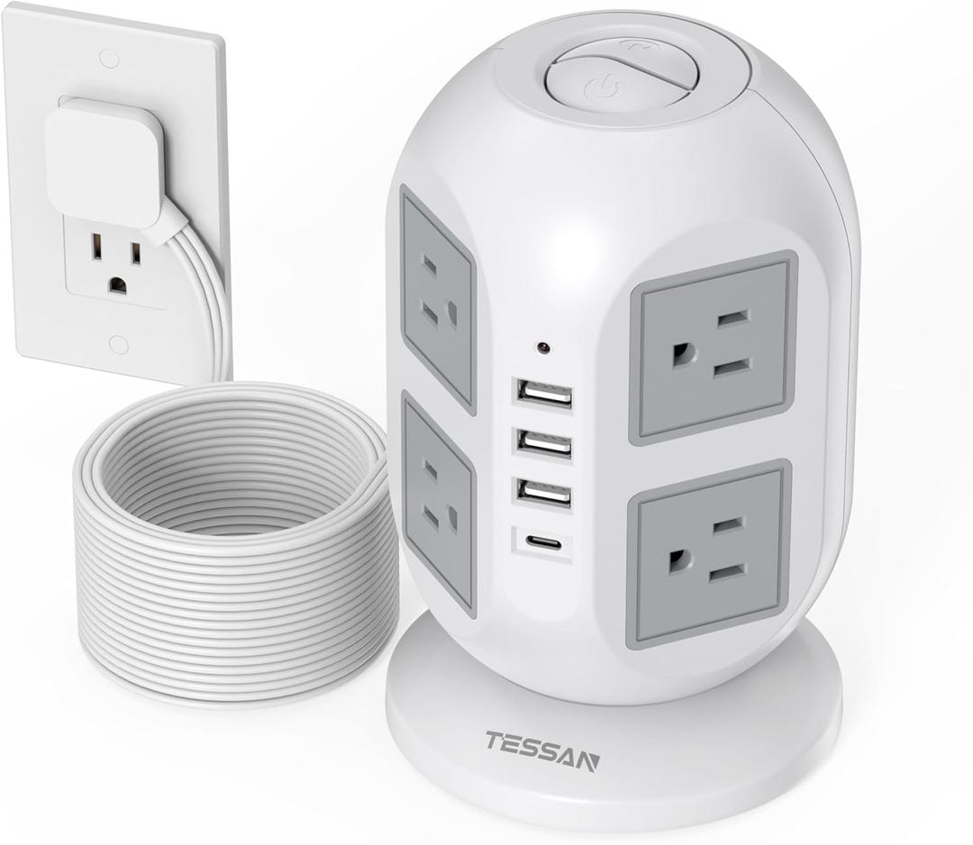 Tower Surge Protector Power Strip 15 ft, TESSAN Long Flat Extension Cord with Multiple Outlets, 8 AC Outlets with 4 USB Ports (1 USB C), Charging Station with Surge Protection, for Home Office Dorm (Grey)
