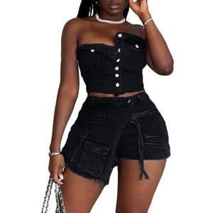 Molilove Women's Denim 2 Piece Outfits Button Tube Top and Cargo Shorts with Pockets Summer Sexy Jeans Shorts Set Tracksuits, Large, Black