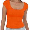 Artfish Women's Short Sleeve T-Shirts Low Scoop Neck Slim Fitted Ribbed Knit Casual Longer Crop Top XL