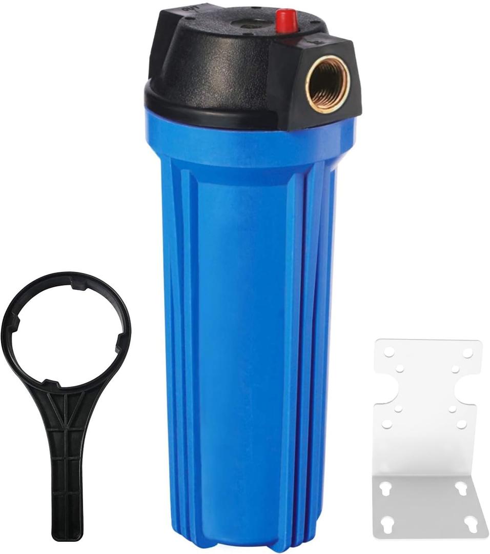 Geekpure 10-Inch Whole House Slim Water Filter Housing for 2.5" x 10" Filter - 3/4" NPT Brass Port - with Air Relief Valve-Blue (1)