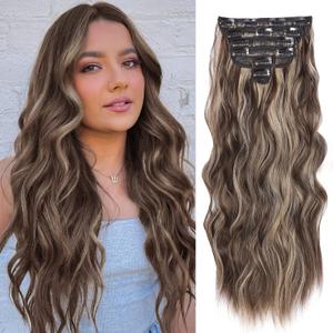 NAYOO Clip in Hair Extensions for Women 20 Inch Long Wavy Curly Dark Brown Mix Blonde Hairpieces Full Head Synthetic Hair Hairpieces(6PCS, Dark Brown Mix Blonde)