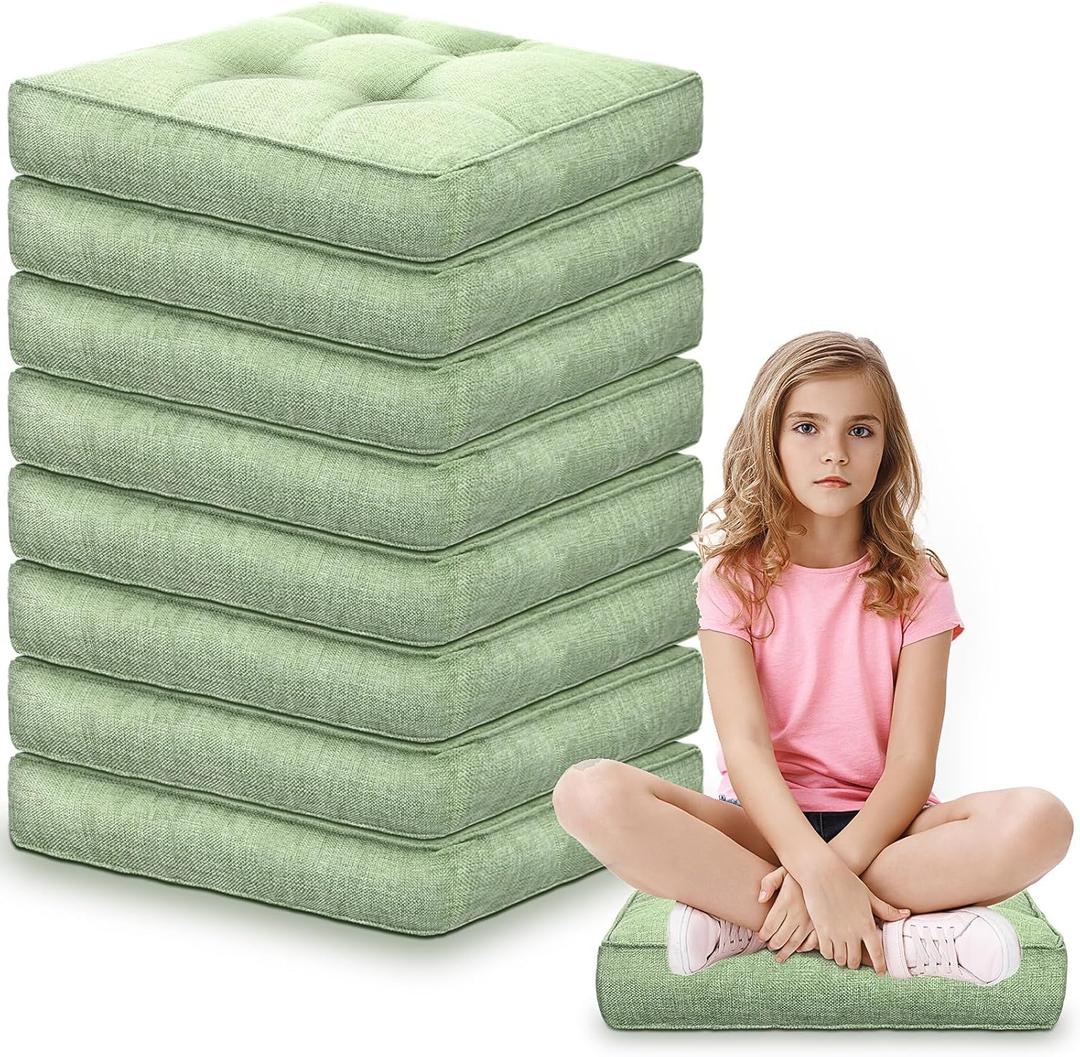 Fumete 8 Pcs Square Floor Pillows for Kids and Adult 16''x16'' Flexible Seating Floor Cushion for Classroom Multicolor Meditation Cushions for Home Daycare Preschool Yoga Meditation (Green)