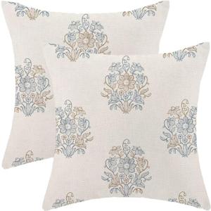 Blue Brown Floral Pillow Covers 18x18 Inch Set of 2, Blockprint Flower Outdoor Decorative Grandmillennial Throw Pillows Neutral Floral Couch Cushion Case for Chair Sofa Bedroom Living Room