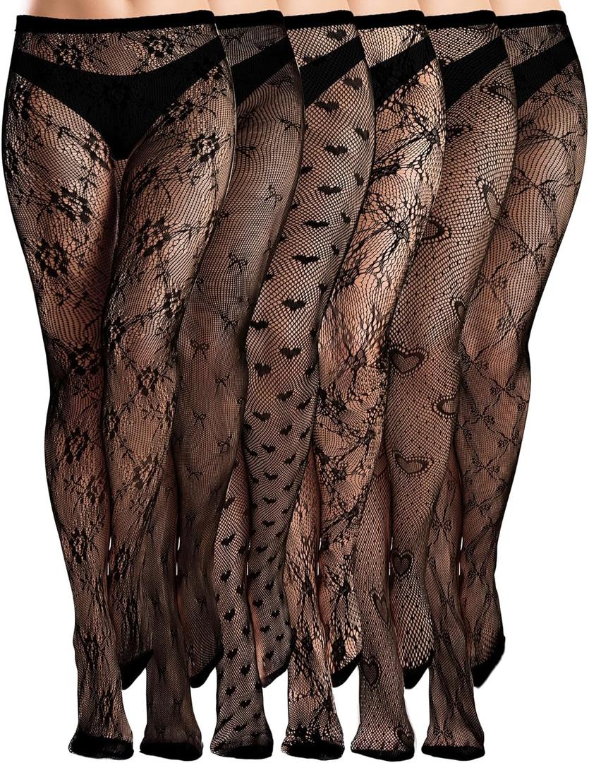 Ramede 6 Pairs Women Fishnet Thigh High Stockings Waist Tights Bow Patterned lace Fishnet Leggings Pantyhose for Halloween (X-Large, Black)