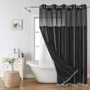 Boho Farmhouse No Hook Shower Curtain Set with Snap-in Fabric Liner,Heavy-Duty Linen Textured Rustic Striped Design,Water-Repellent with Tassels and Sheer Window,Black,71x74