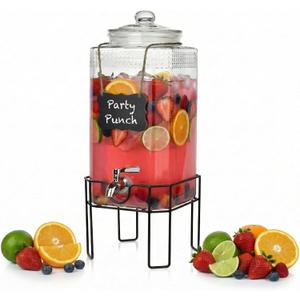 2 Gallon Glass Drink Dispenser, Drink Dispensers for Parties, Beverage Dispenser with Stand and Glass Lid, 100% Leakproof Spigot, Ideal for Lemonade, Juice, Laundry Detergent Dispenser