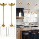 2 x LIROUVET 2 Pack Pendant Lights, Vintage Dual Glass Hanging Lamp, Brushed Gold Pendant Lights Kitchen Island with Clear and Milk Glass, Pendant Lighting for Dining Room PL02BR-2PK