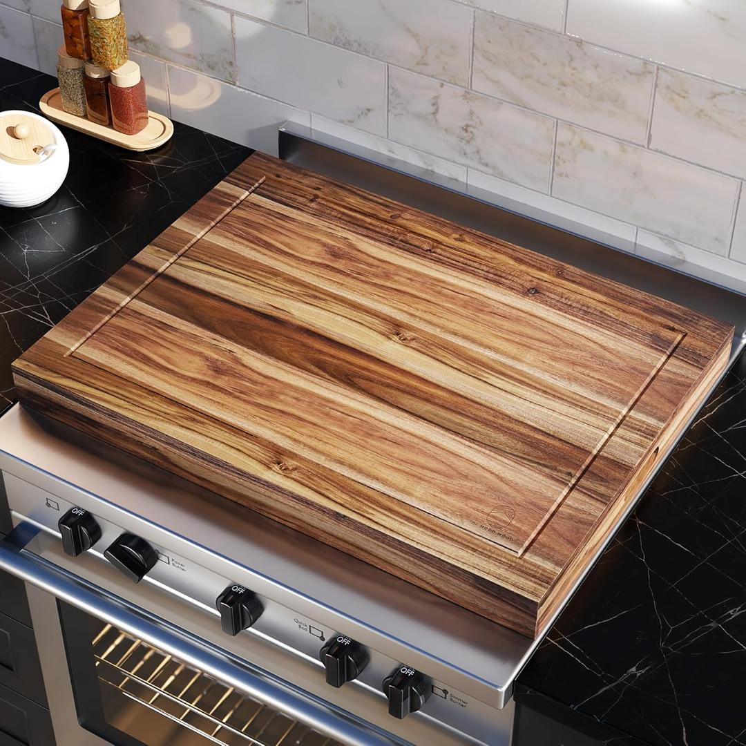 Noodle Board Stove Cover Cutting Board with Handle - Stove Top Cover with Care Brush FSC Certified - Multiuse Gas Stove Cover Board for Serving Chopping Decorating, 30x22(Outer) / 28.5x20.5(Inner)