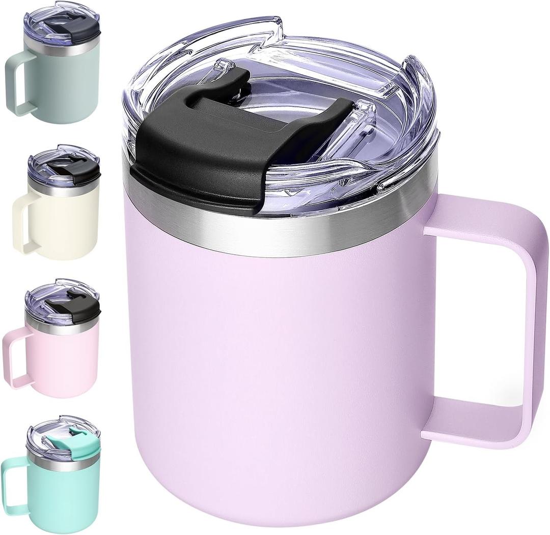 12oz Insulated Coffee Mug Cup with Handle, Stainless Steel Travel Coffee Mug with Flip Lid, Double Wall Vacuum Coffee Tumbler,Lavender
